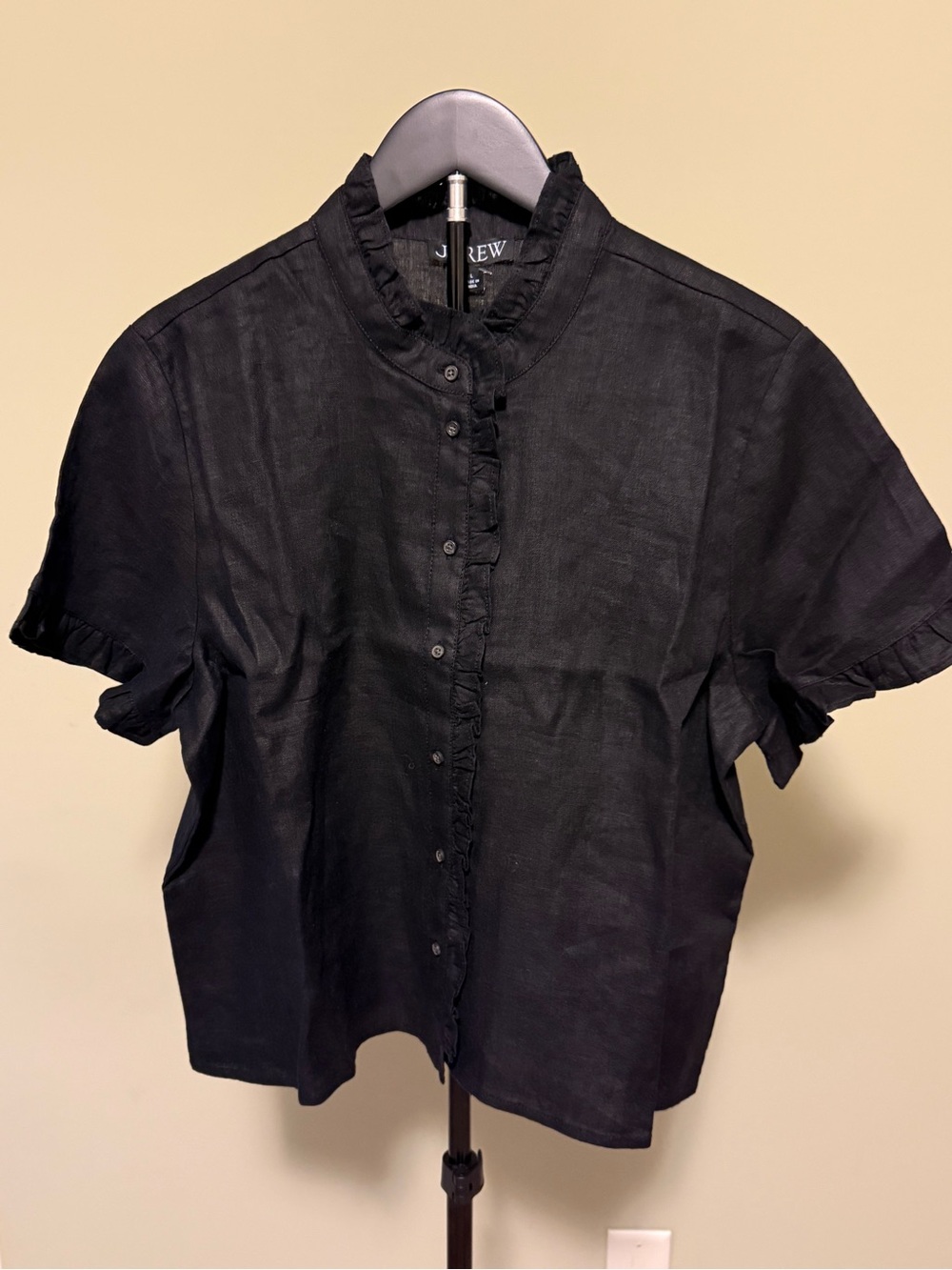 NWT J. Crew Black Ruffle-Trim Short Sleeve Button Front Top (21" P2P)